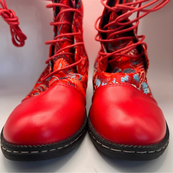 3/$30 Red Floral Lace-Up Boots - Picture 6 of 6